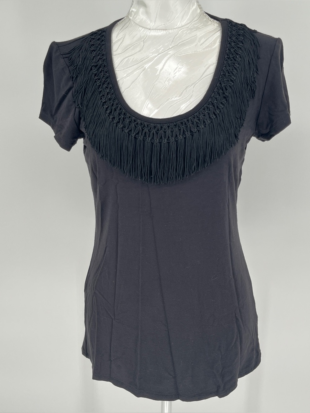 Vivienne Tam Black T-Shirt Fringe Scoop Neck Short Sleeve Western Cowgirl